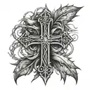 A cross wrapped in thorns with tthe words The sins of the many do not make the few tattoo design idea