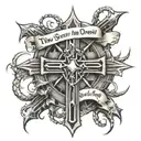 A cross wrapped in thorns with tthe words The sins of the many do not make the few tattoo design idea