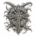 A cross wrapped in thorns with tthe words The sins of the many do not make the few tattoo design idea