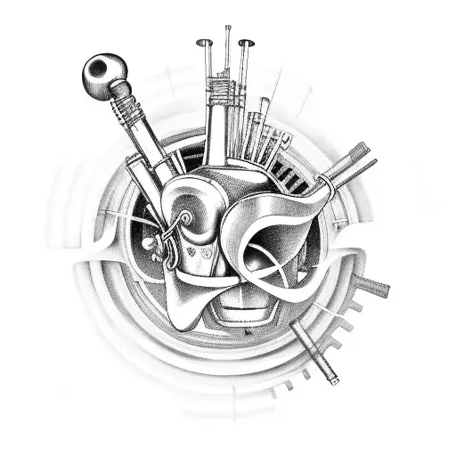 A car engine designed to look like a heart with musical instruments incorporated tattoo design idea