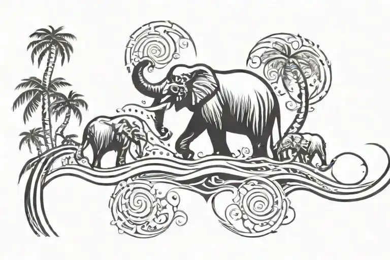 palm trees and waves, elephants  tattoo design idea