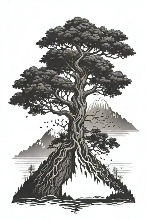 yggdrasil mountain peak vegvisir tattoo design idea