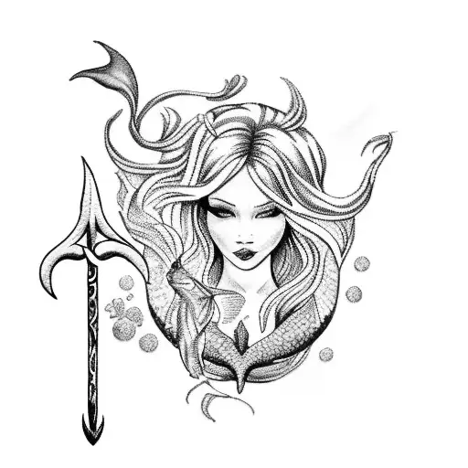 A stunning blackwork tattoo of a mermaid with flowing hair, holding a trident and surrounded by colorful tropical fish tattoo design idea