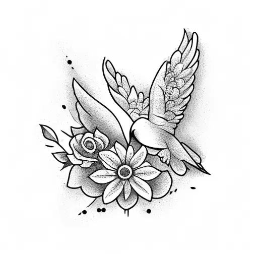 A blackwork tattoo design showcasing a peaceful dove carrying a blooming flower, representing freedom and peace tattoo design idea