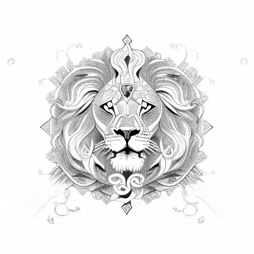 An intricate design combining a lion, roses, a broken clock, and three swords tattoo design idea