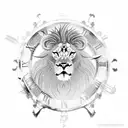 An intricate design combining a lion, roses, a broken clock, and three swords tattoo design idea