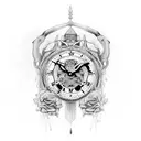 An intricate design combining a lion, roses, a broken clock, and three swords tattoo design idea