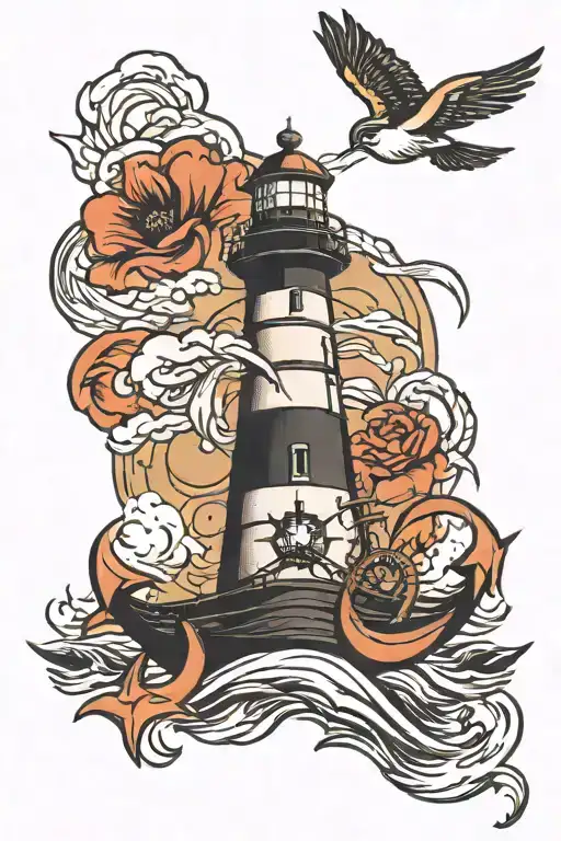 stormy sea anchor lighthouse swallow flying tattoo design idea