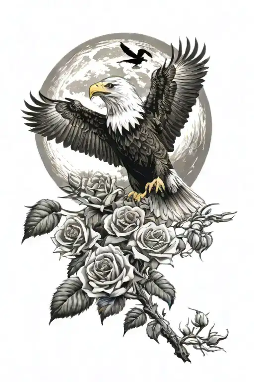 bald eagle flying over a wolf standing inna field of sunflowers and roses with a full moon tattoo design idea