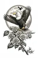 bald eagle flying over a wolf standing inna field of sunflowers and roses with a full moon tattoo design idea