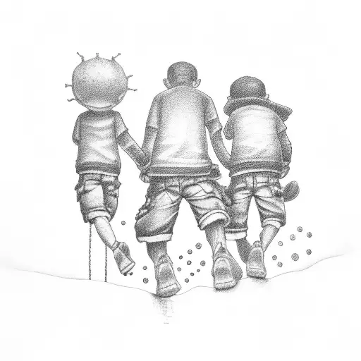 A dotwork tattoo of a father holding hands with his twins, with the VW Beetle parked nearby tattoo design idea