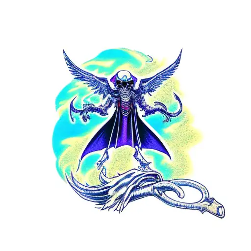 A full upper body of a reaper wearing cloak and scythe hovering over a colored abyss/void spiraling down tattoo design idea