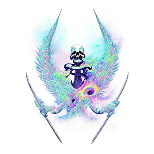 A full upper body of a reaper wearing cloak and scythe hovering over a colored abyss/void spiraling down tattoo design idea