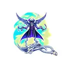 A full upper body of a reaper wearing cloak and scythe hovering over a colored abyss/void spiraling down tattoo design idea