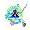 A full upper body of a reaper wearing cloak and scythe hovering over a colored abyss/void spiraling down tattoo design idea