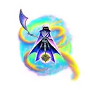 A full upper body of a reaper wearing cloak and scythe hovering over a colored abyss/void spiraling down tattoo design idea