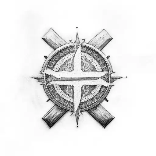 A black-grey tattoo of a Christian cross with intricate graphic design patterns tattoo design idea