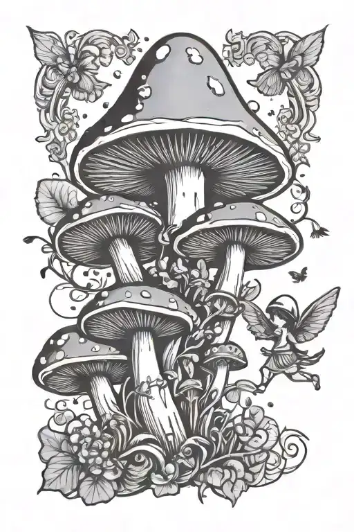 mushroom and fairies flying holding hands tattoo design idea