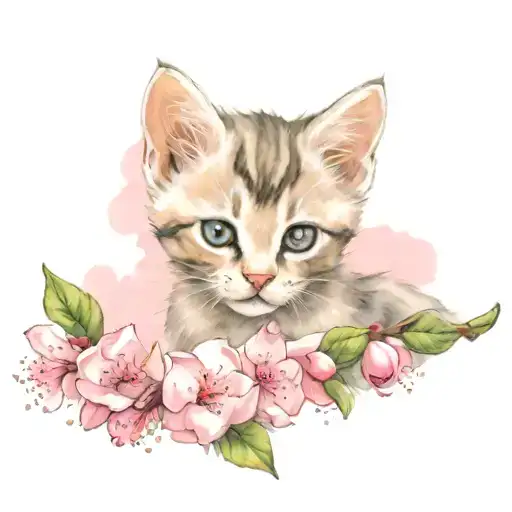 cute kitten, pink blossom, cherry branch, forearm, tattoo, ultra details, high quality, closeup tattoo design idea