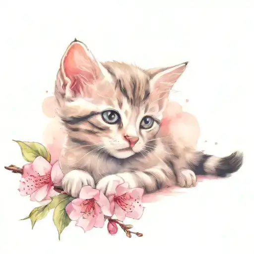 cute kitten, pink blossom, cherry branch, forearm, tattoo, ultra details, high quality, closeup tattoo design idea