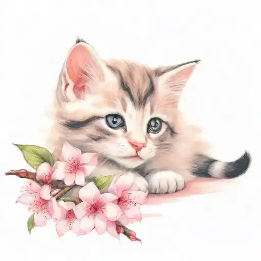 cute kitten, pink blossom, cherry branch, forearm, tattoo, ultra details, high quality, closeup tattoo design idea