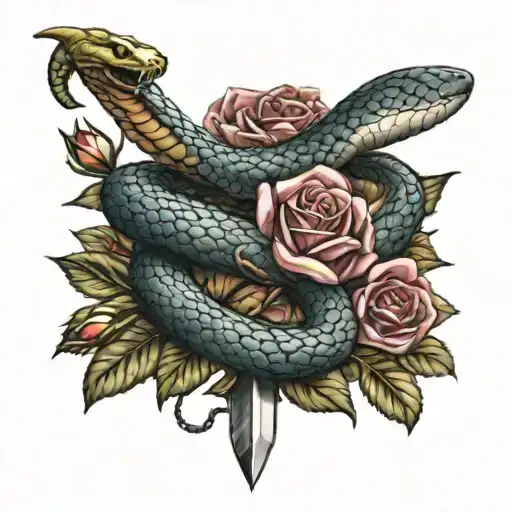 a realistic snake and a dagger with some roses and a cool background  tattoo design idea