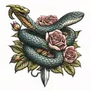 a realistic snake and a dagger with some roses and a cool background  tattoo design idea