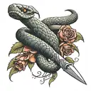 a realistic snake and a dagger with some roses and a cool background  tattoo design idea