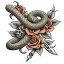 a realistic snake and a dagger with some roses and a cool background  tattoo design idea
