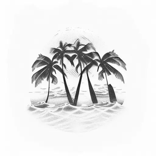 A serene beach sunset with palm trees and waves tattoo design idea