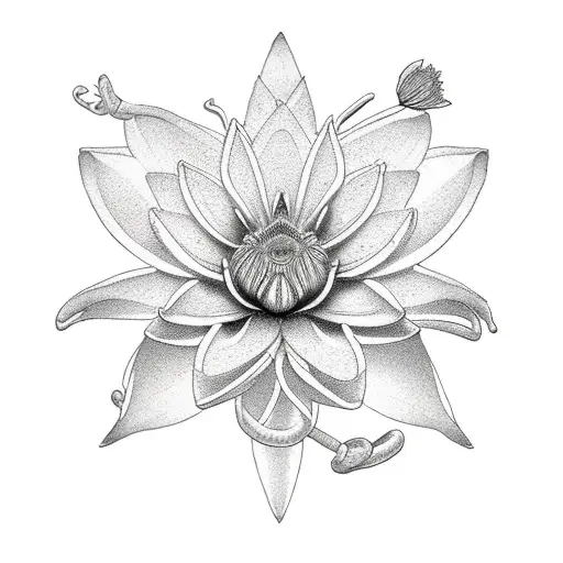 lotus, edelweiss, pasqueflower, and snake wrapped around Buddhist spear tattoo design idea