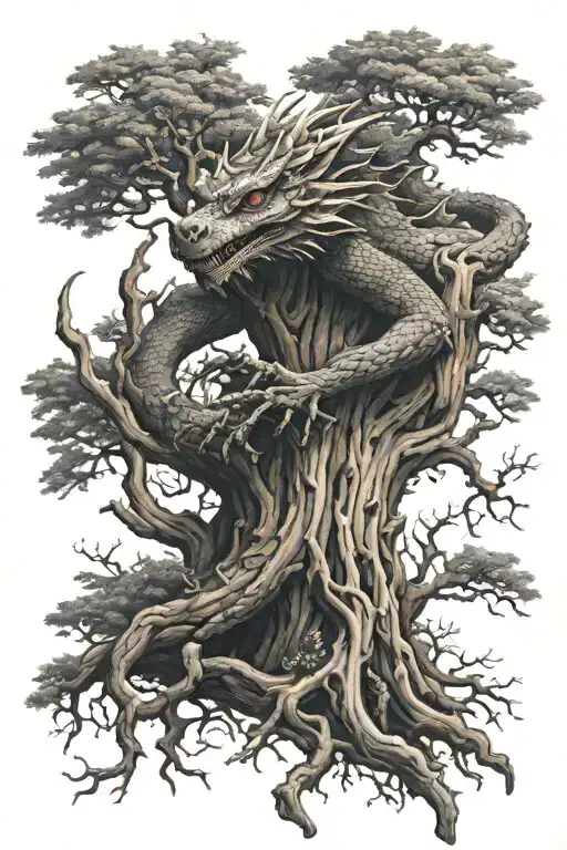 dragon in wood tree made tattoo design idea