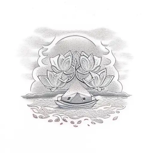boat burning with lotus flowers and an oak tree tattoo design idea
