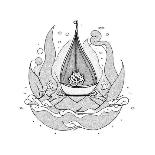 boat burning with lotus flowers and an oak tree and the ouroboros  tattoo design idea