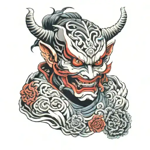 Tatto representing the noh theater with a warrior wearing the Hannya mask around him all the demons he seeks tattoo design idea