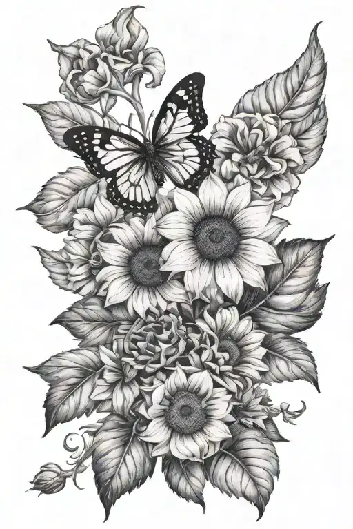 Sunflowers and SaintPaulia and Pansy with foliage tattoo design idea