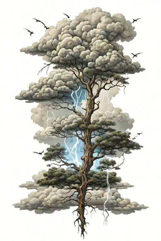 lighting bolts coming from cloud surrounding a tree tattoo design idea