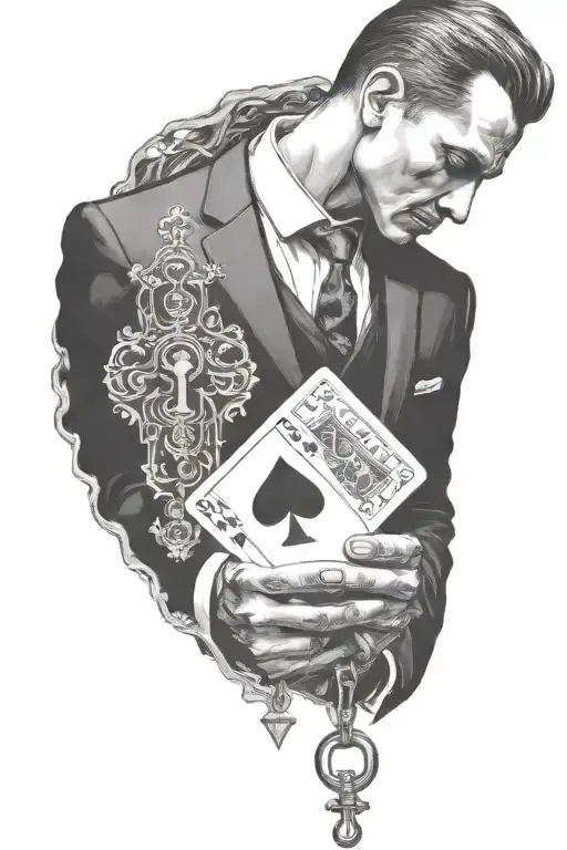 A Man In A Suit Holding An Ace Card And A Key In One Hand tattoo design idea