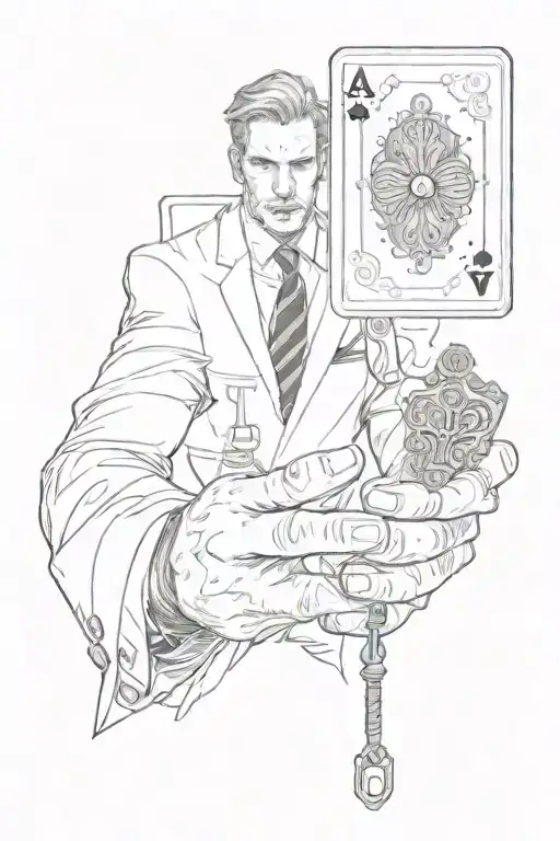 A Man In A Suit Holding An Ace Card And A Key In One Hand tattoo design idea