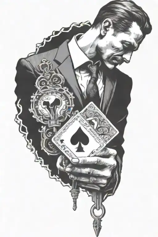 A Man In A Suit Holding An Ace Card And A Key In One Hand tattoo design idea