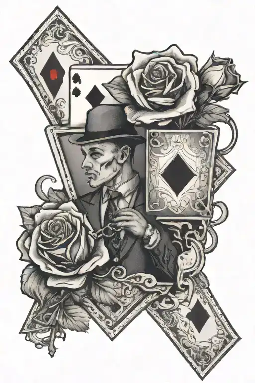 A Suit With A Rose Head Holding An Ace Of Diamonds Card And Keys In One Hand tattoo design idea