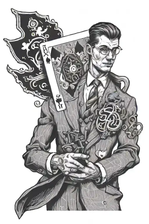 A man in a suit holding an ace card and a key in one hand  tattoo design idea
