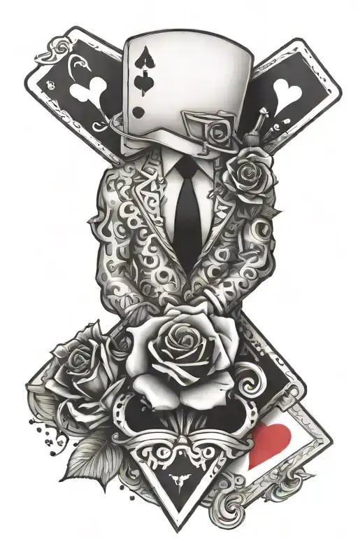 A Suit With A Rose Head Holding An Ace Of Diamonds Card And Keys In One Hand tattoo design idea