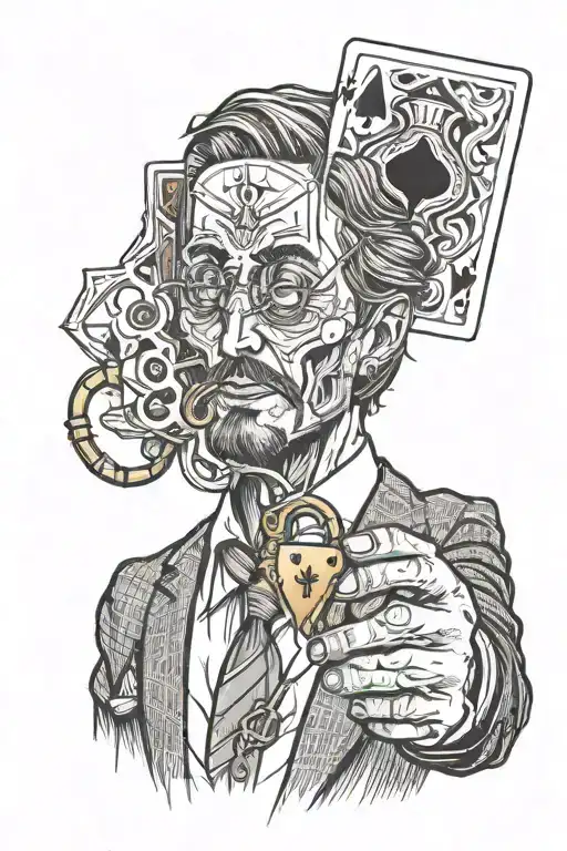 A Man In A Suit Holding An Ace Card And A Key In One Hand tattoo design idea