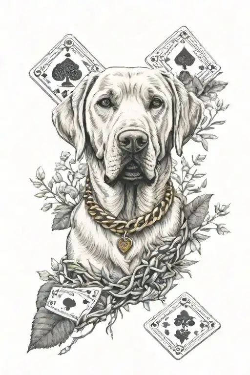 Labrador playing cards wearing a gold chain, in the forest tattoo design idea