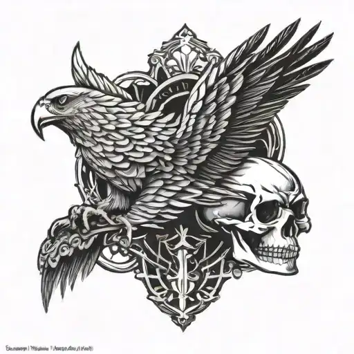 A skull with eagle feathers as the teeth and claws, symbolizing strength and power tattoo design idea