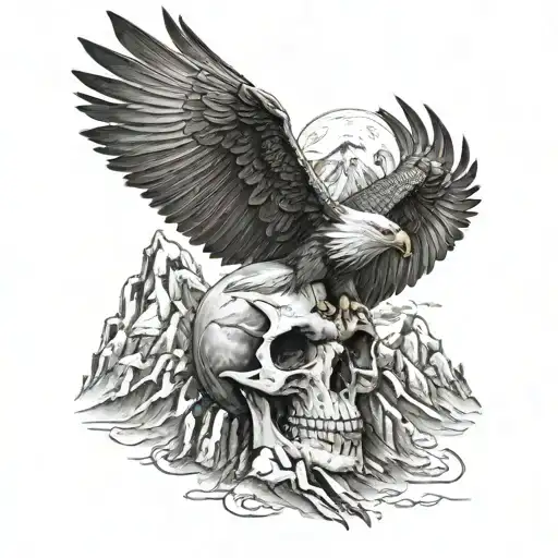 A skull with eagle wings flying over a mountain range tattoo design idea