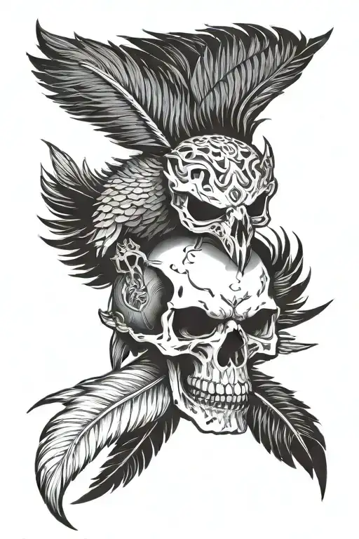 A skull with eagle feathers as the teeth and claws, symbolizing strength and power tattoo design idea