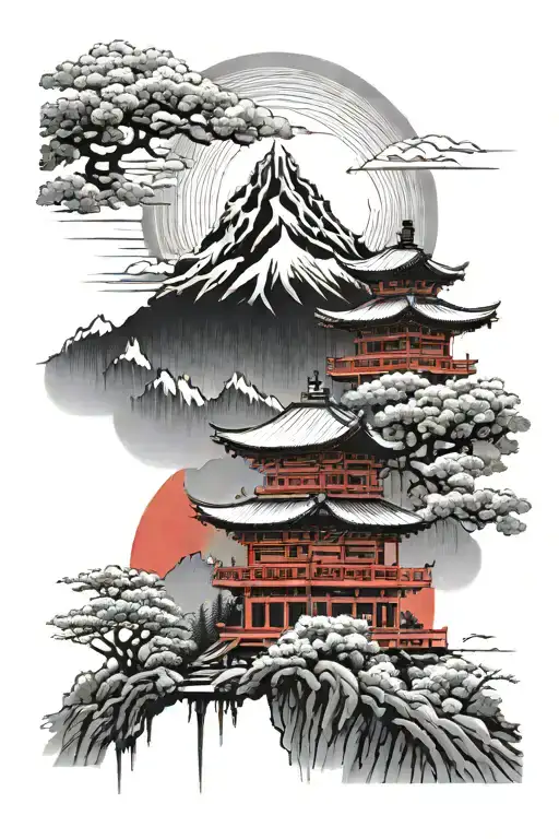 japan mountains and temple with red sun rising  tattoo design idea