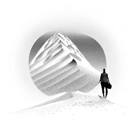 An Arabian desert landscape with a silhouette of a man walking towards the horizon, representing self-discovery tattoo design idea